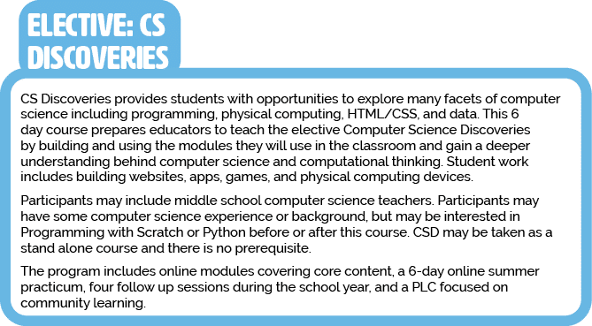 CS Discoveries provides students with opportunities to explore many facets of computer science including programming,   